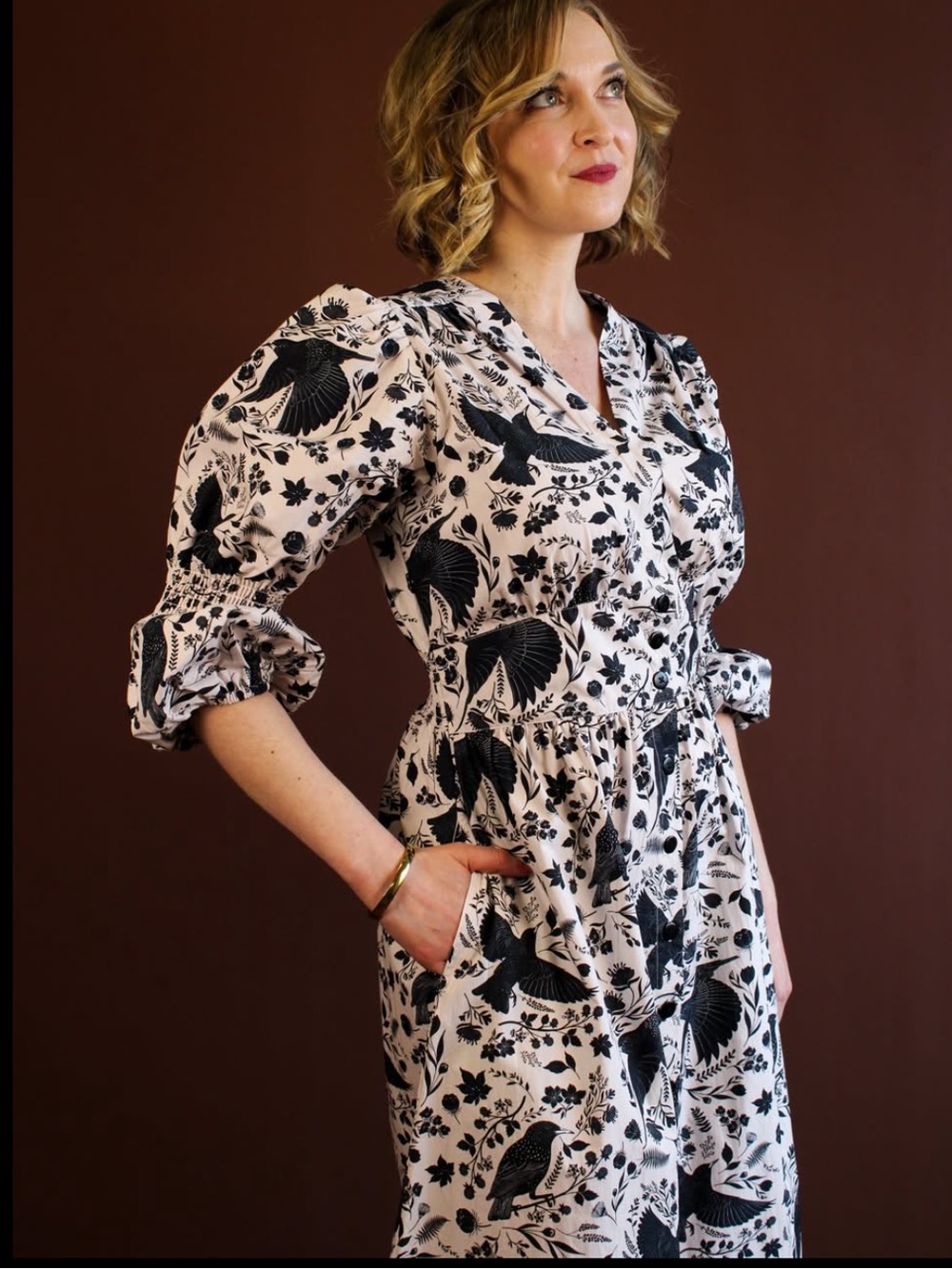Hemloya Women's Black & Cream Printed V-Neck Puff-Sleeve Dress WORN ONCE